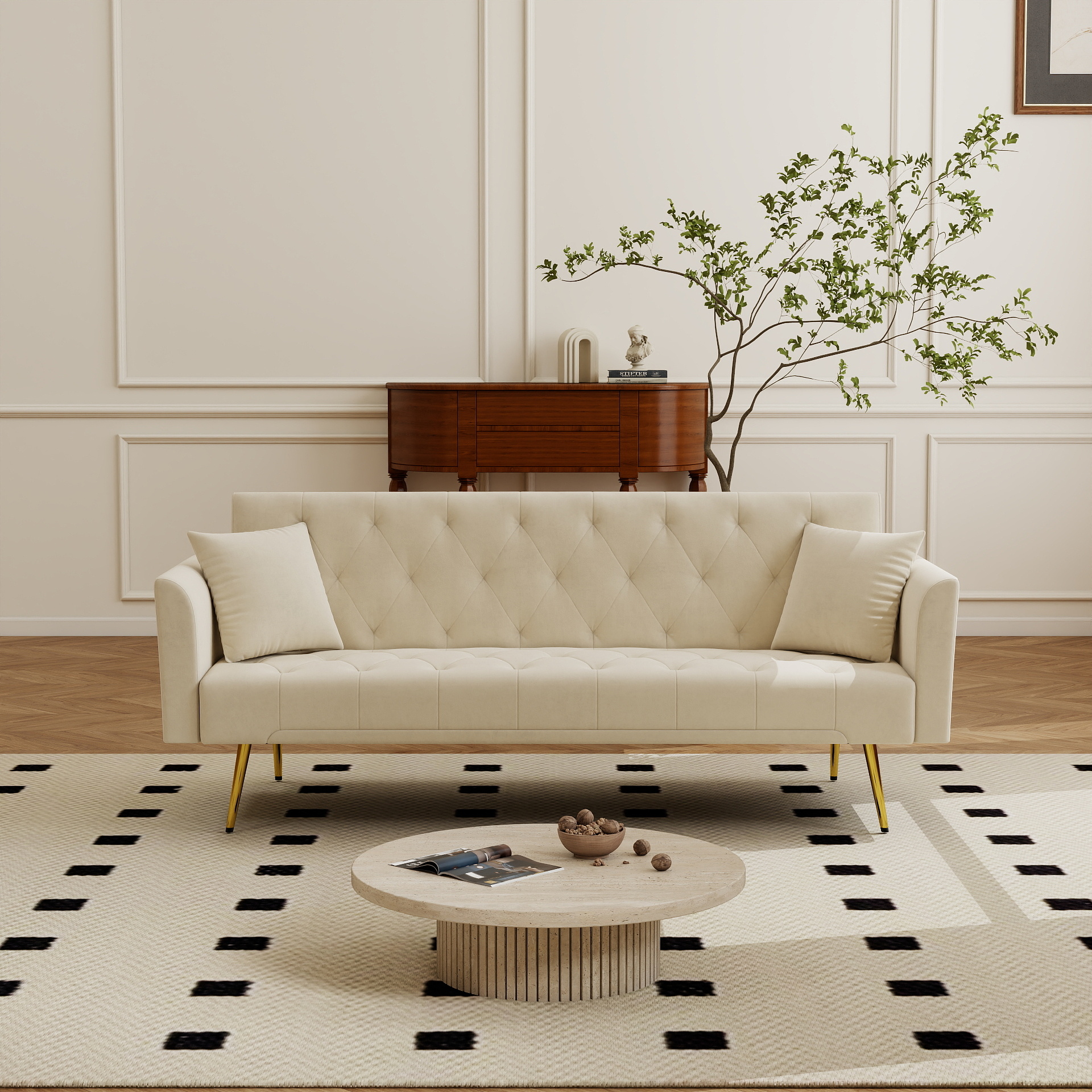 Modern convertible 72 inch foldable sleeper sofa with tufted