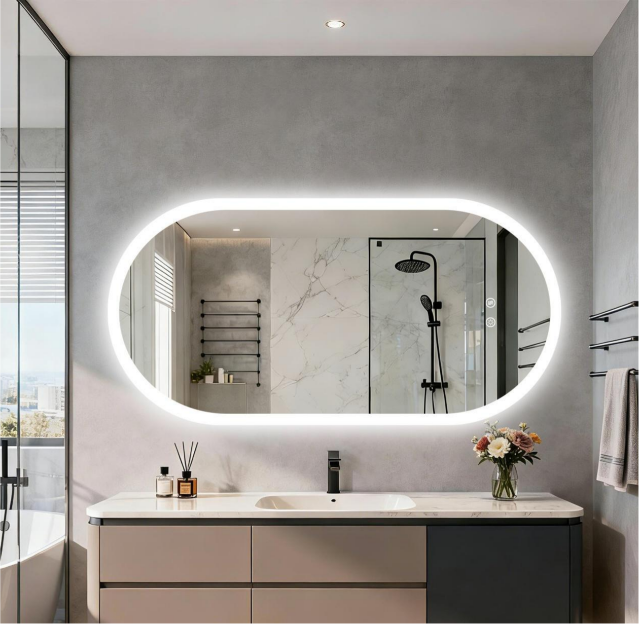 Long Oval LED Bathroom Mirror Backlit Vanity Makeup Mirror Antifog