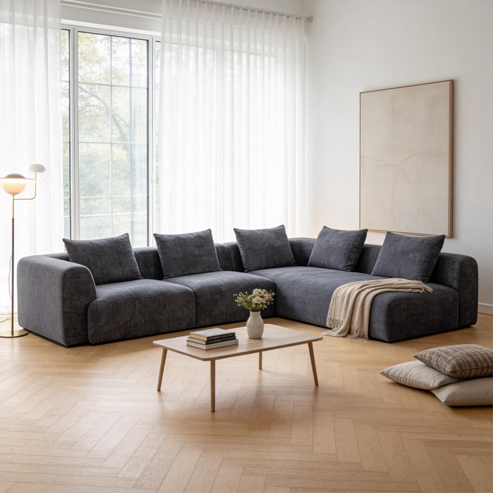 L-shaped Modular Sofa with Chaise Longue, Chenille Fabric, Gray