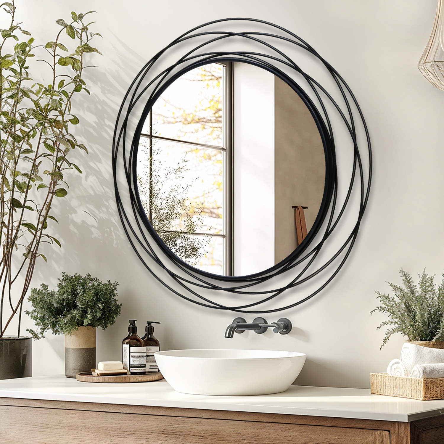80CM Black Metal Wire Frame Round Wall Mirror Art Mirror fr Home Decor