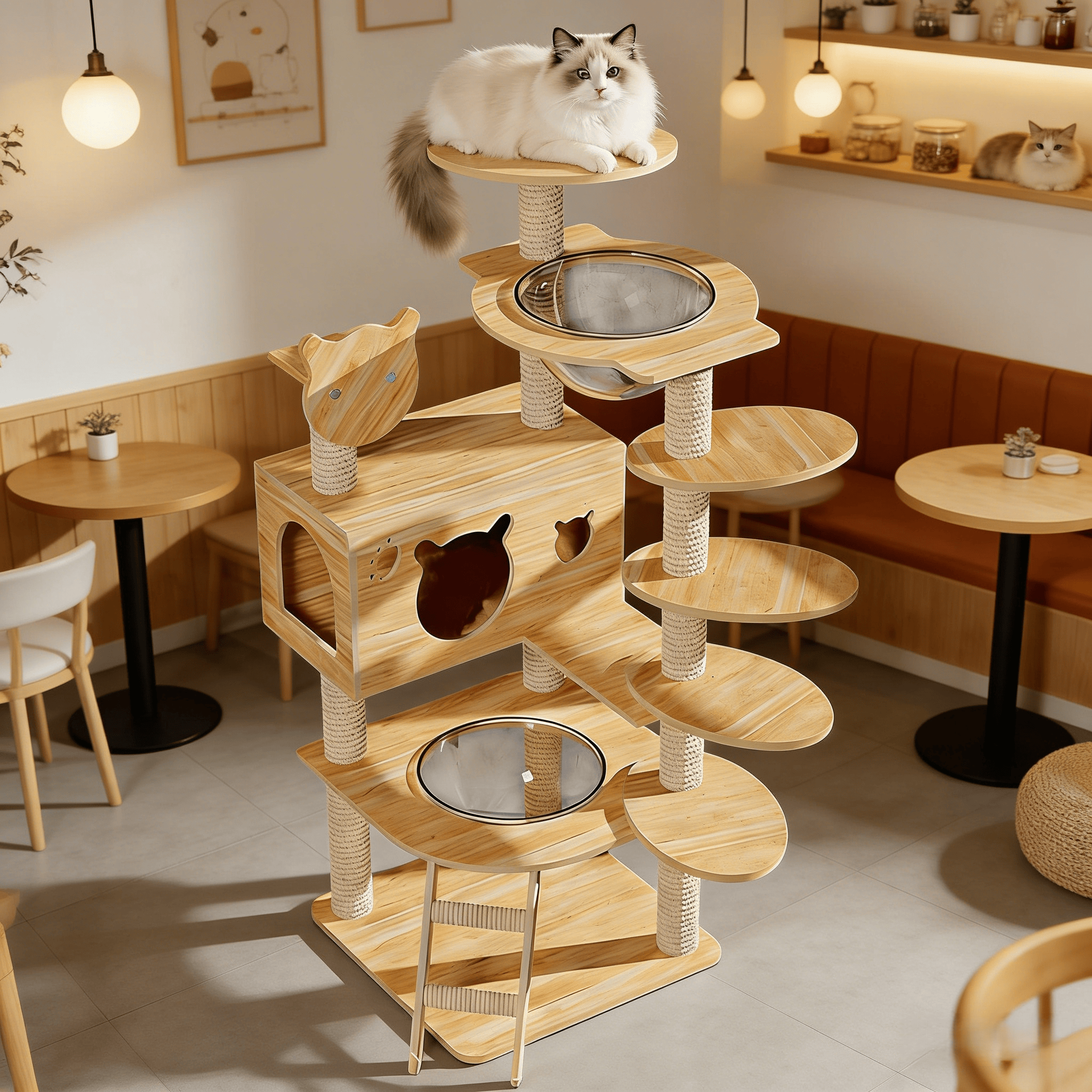 Spacious Wooden Cat Tree Tower - Ultimate Play & Rest Haven for Cats