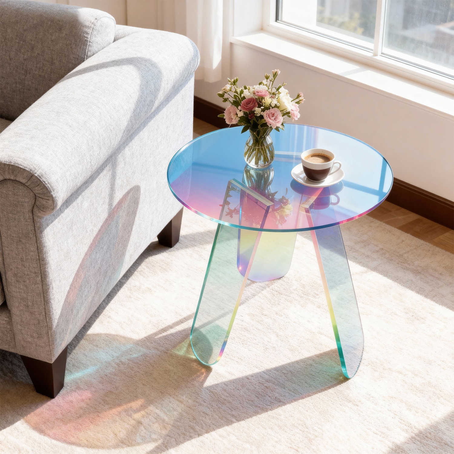 Clear Acrylic End Table Round Side Table Triangular Base Living Room