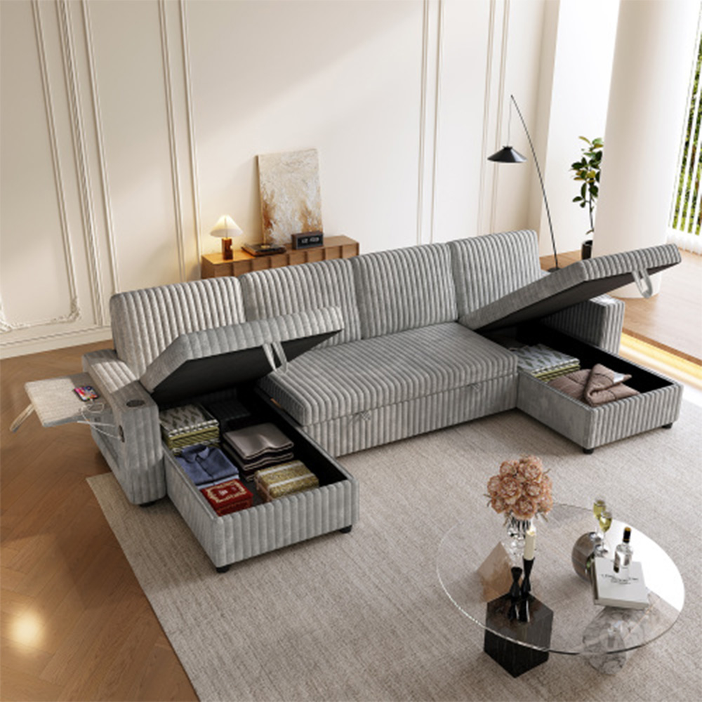 Oversized U Shaped Plush Corduroy Fluffy Sectional Sleeper Sofa