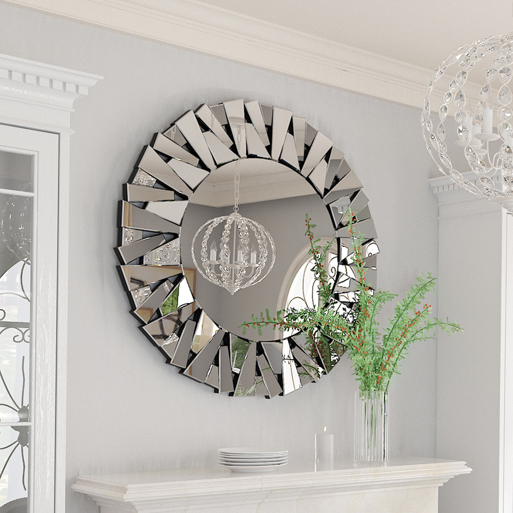 79CM Modern Round Wall Decor Mirror Silver Glass Sunburst Accent Mirro