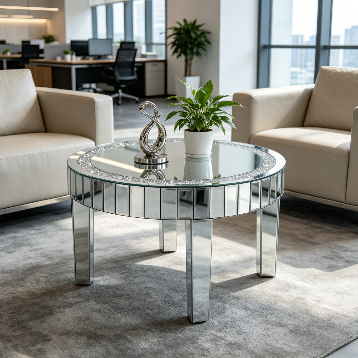 Round Silver Mirrored Coffee Table Glass Center Table Home Furnituer