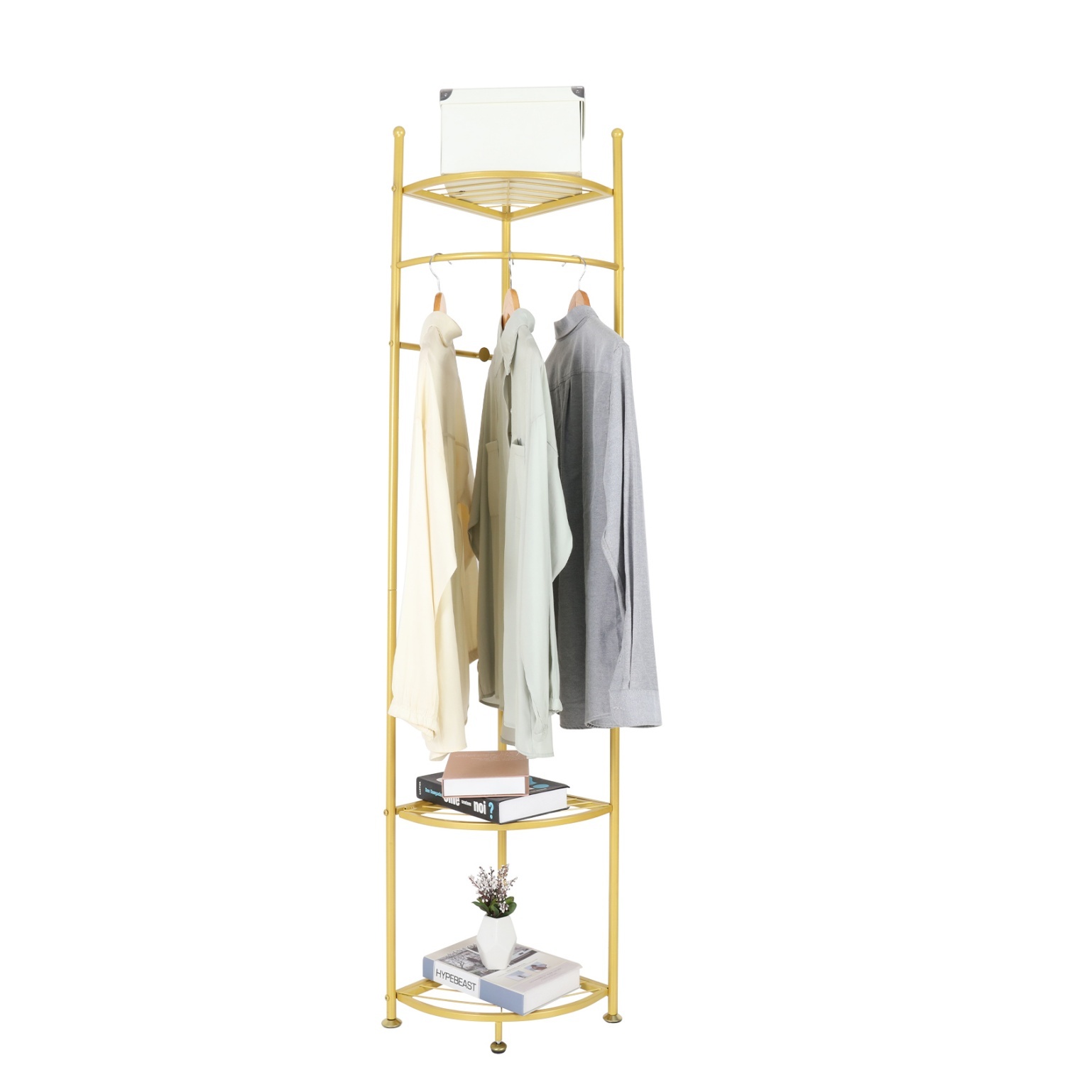 174cm Tall Entry Gold Metal Coat Rack Corners Clothes Stand w/ Shelves