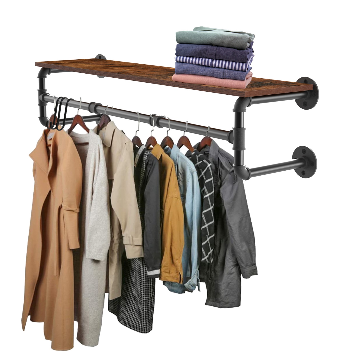 Metal Pipe Garment Rack w/ Wood Shelf Wall Clothing Rack Hanging Rail