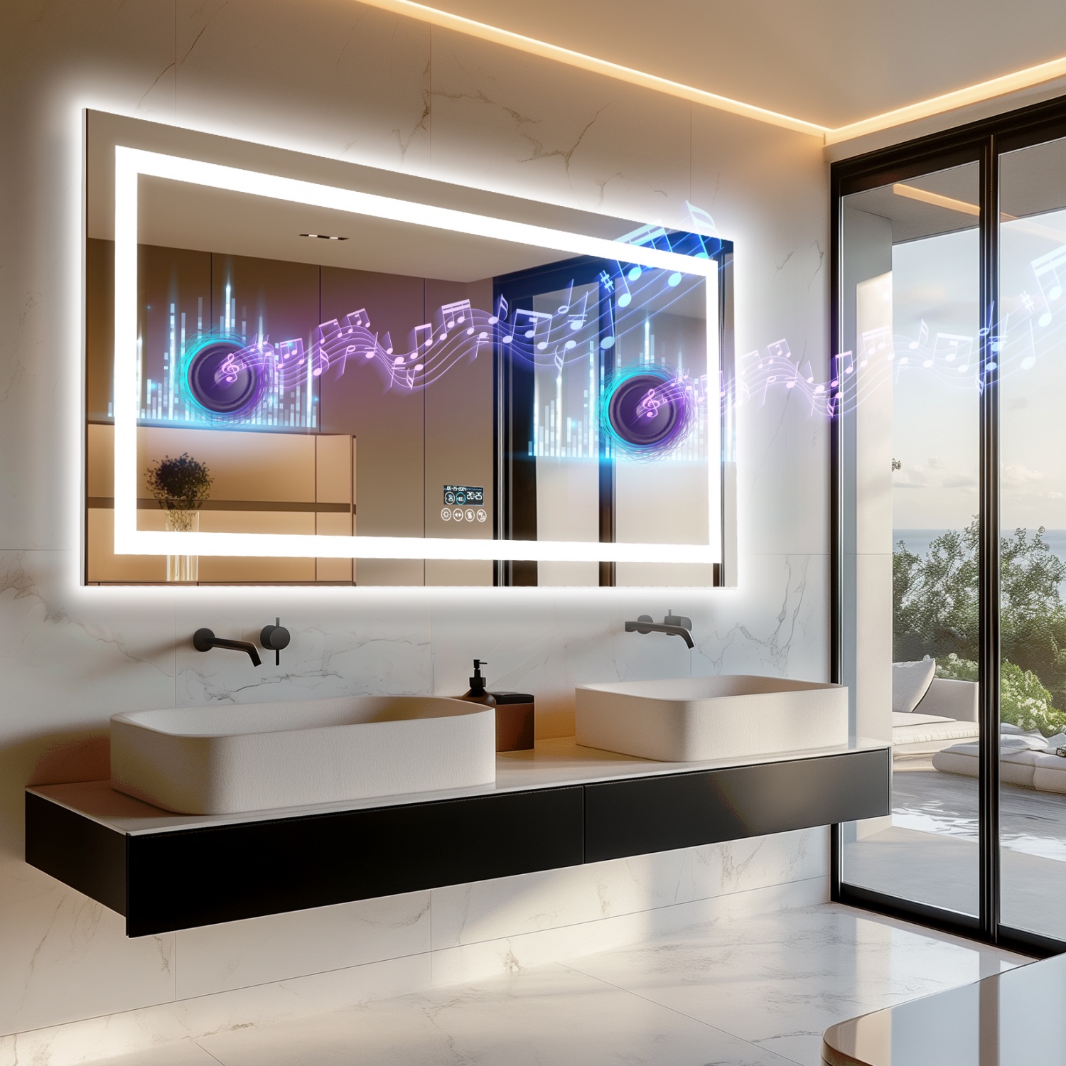Rectangular LED Bathroom Mirror with Bluetooth Speaker Date and Time