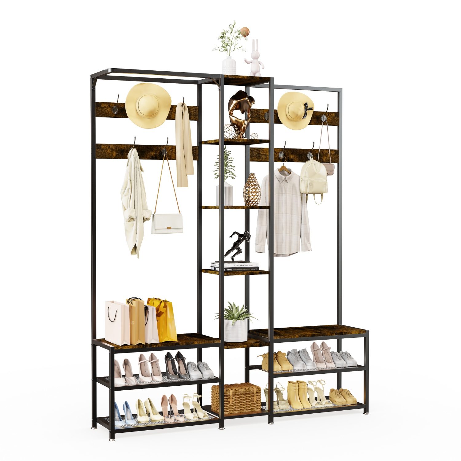 Entryway Hall Tree with Shoe Bench Corner Coat Rack Stand for Hallway