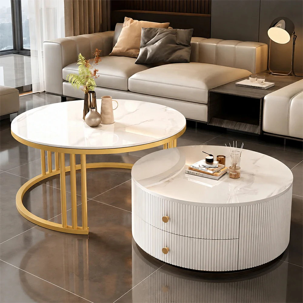 Nesting Coffee Table Set with Sintered Stone Top and Storage Drawer