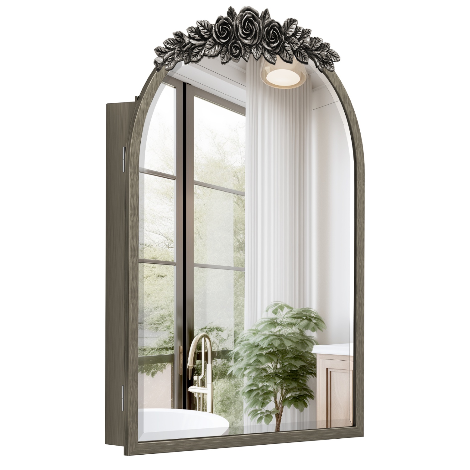 Vintage Arched Mirror with Storage Cabinet for Bathroom, Iron