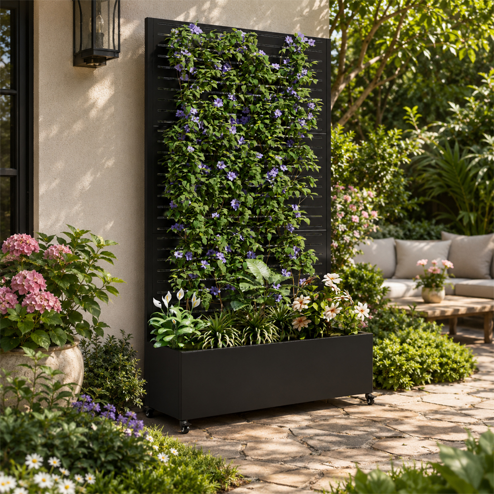 Eeeza Outdoor Flower Rack with Trellis and Wheels for Patio, Metal