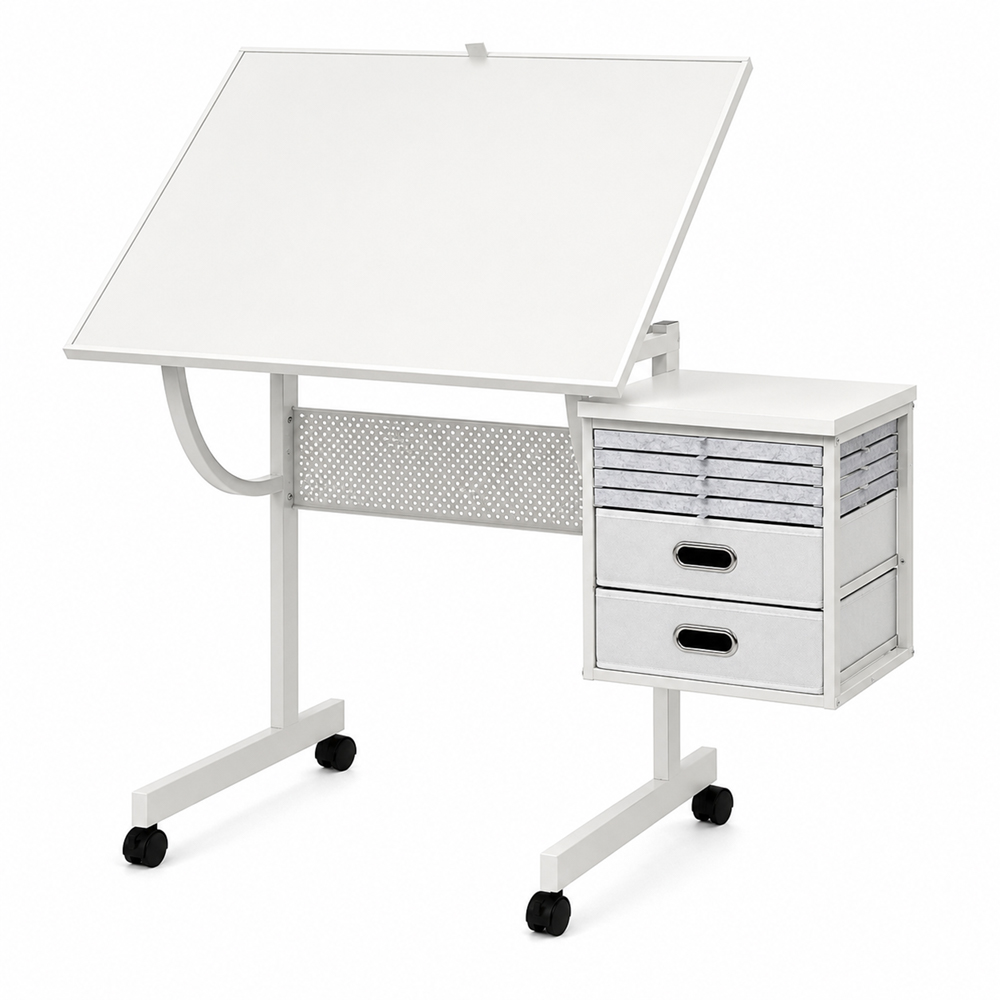 Multi-Functional Puzzle Table with Lockable Wheels and Drawers, White