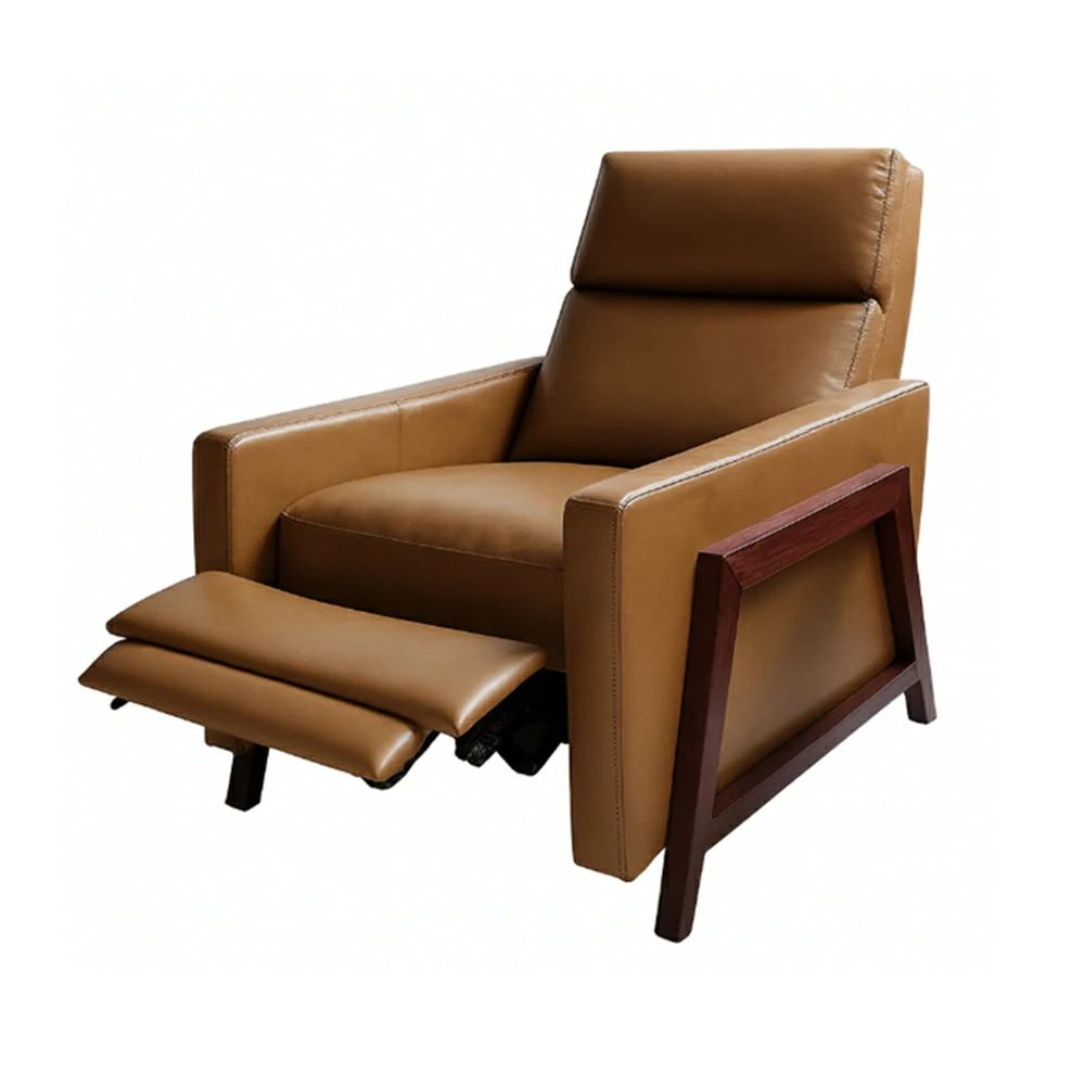 Scandinavian Style Recliner with Push-Back for Home, Leather, Walnut