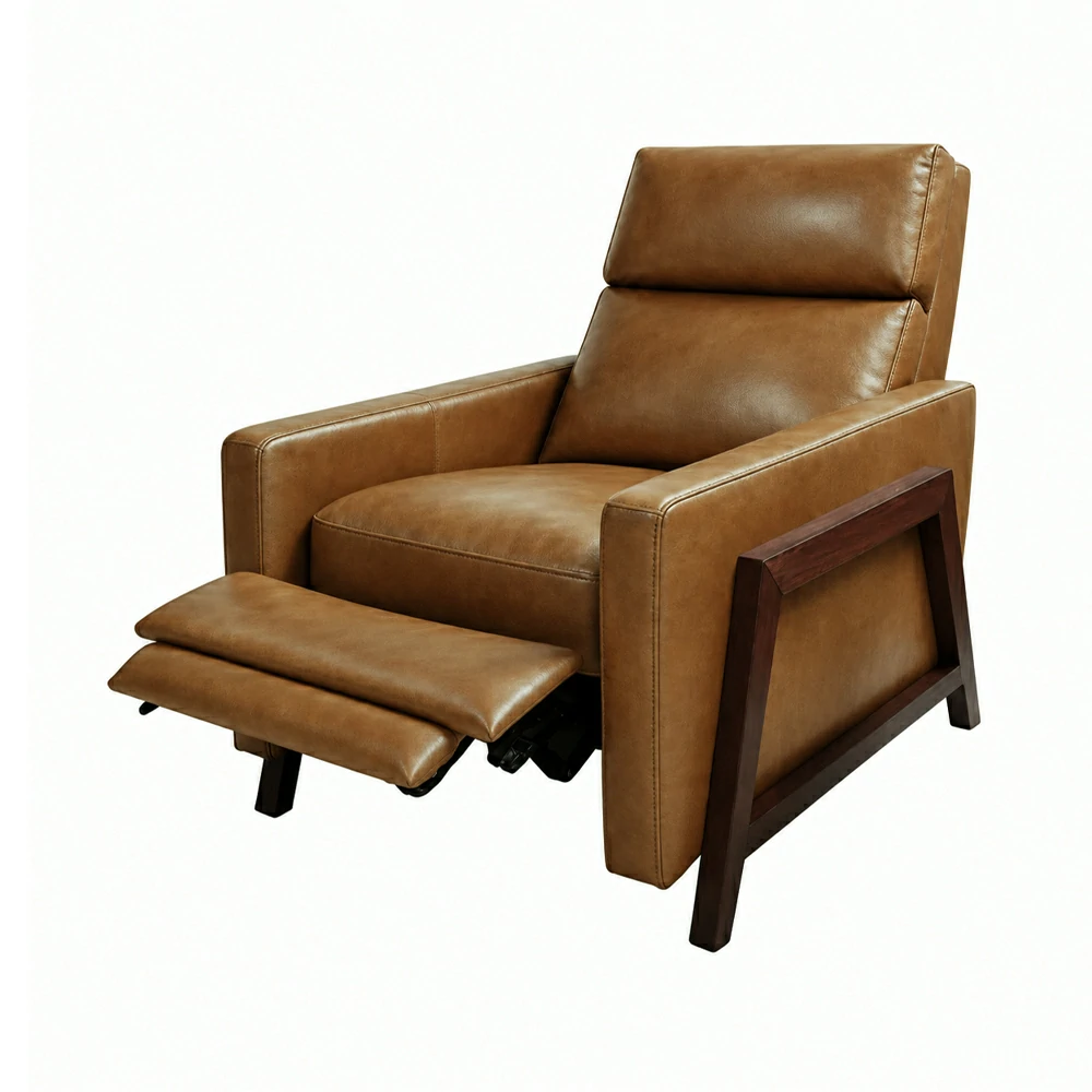 Scandinavian Style Recliner with Push-Back for Home, Leather, Walnut