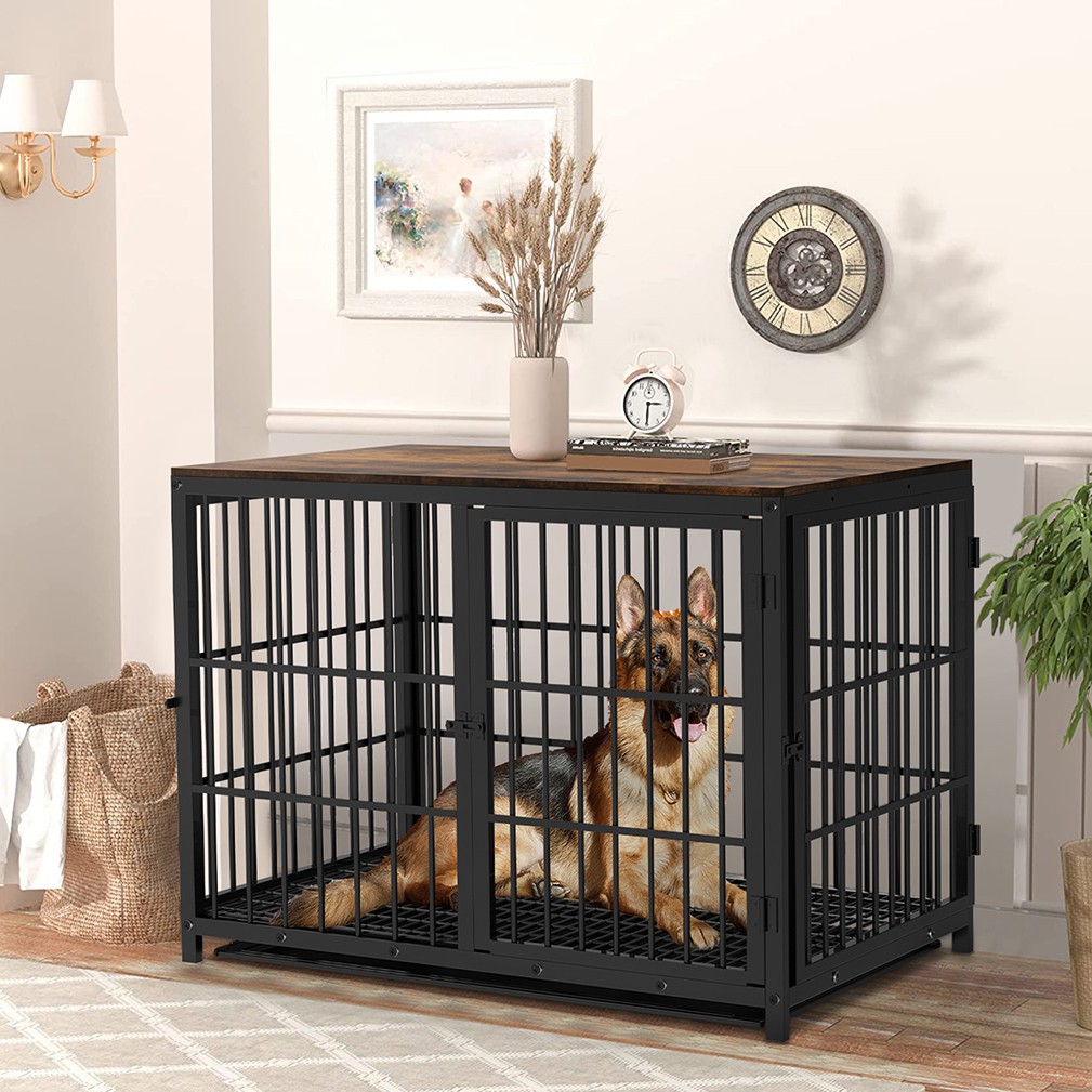 Heavy Duty Dog Cage with Wood Tabletop for Indoor, Black Frame