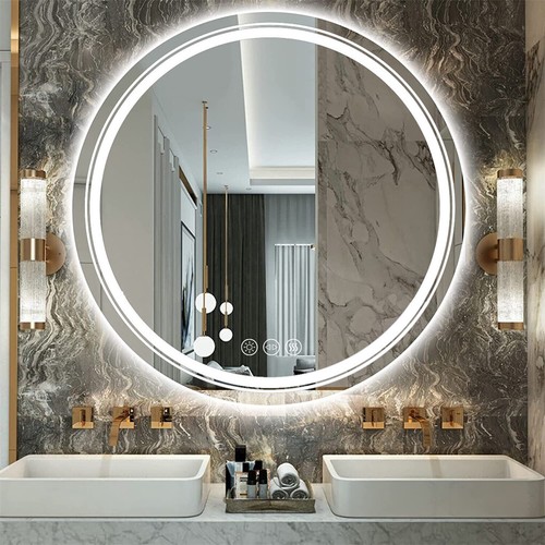 60/80/90CM Round LED Bathroom Mirror Dual Light Anti-fog Makeup Mirror