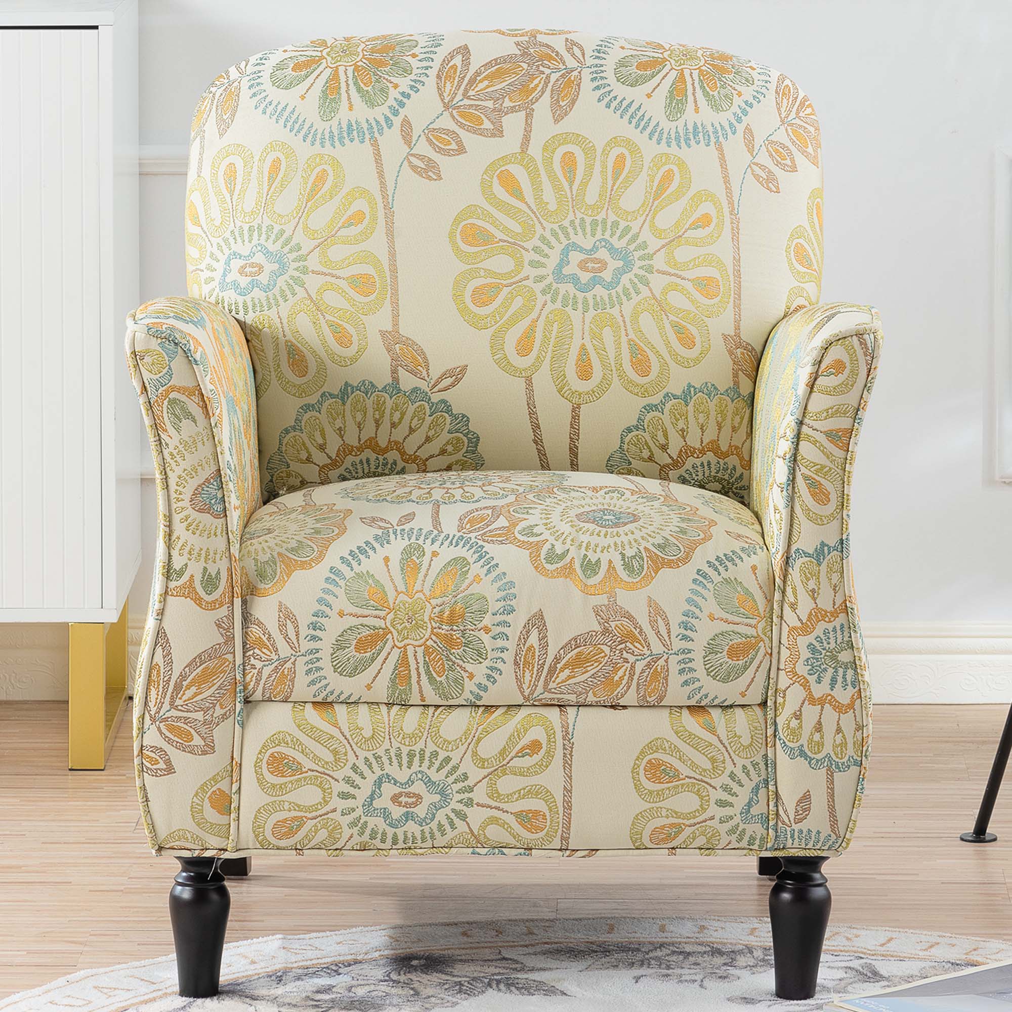 Vintage Floral Accent Armchair for Living Room, Fabric, Birch