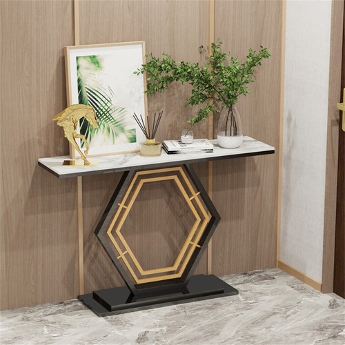 Solid Marble Console Table Entryway Table Hexagon Metal Frame Sofa Behind Table