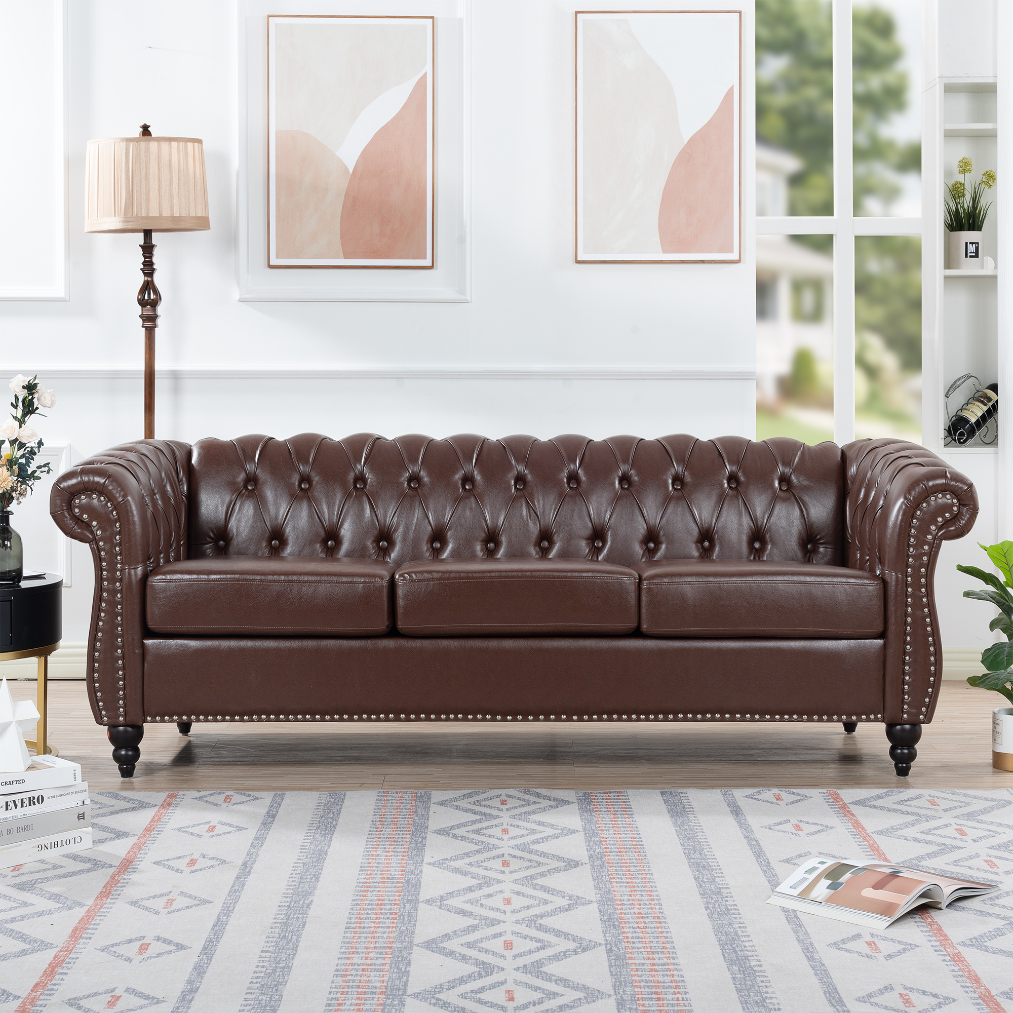 Retro Chesterfield Style Sofa, 3-Seater, PU Leather