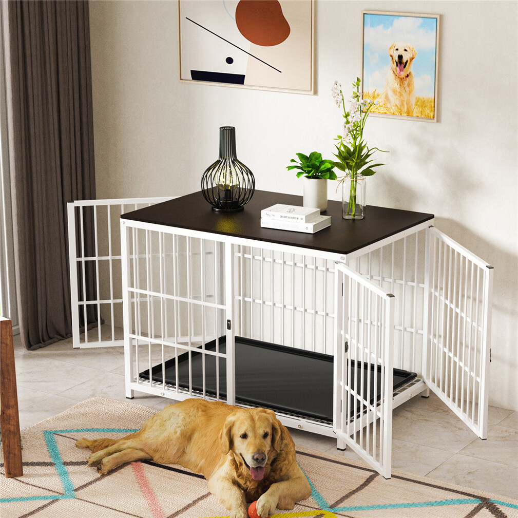 White Frame Wooden Dog Cage Dog Pet Crate Kennel w/ Slide Tray